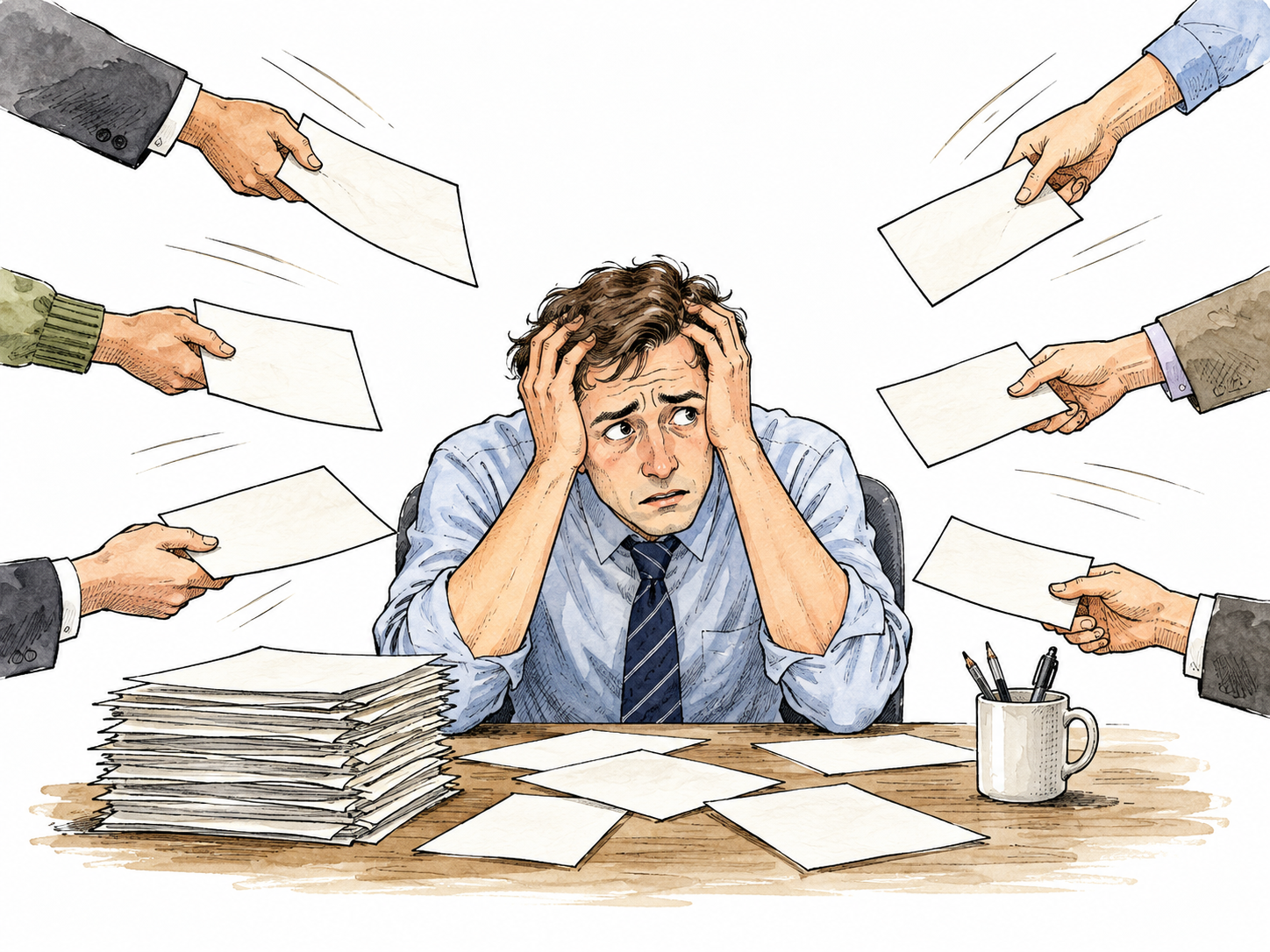 An overwhelmed worker faces multiple hands thrusting papers toward him.