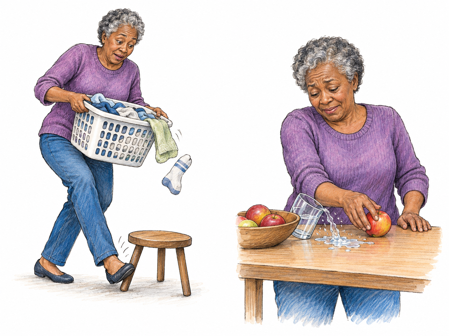 A compact two-moment illustration shows the same woman making different everyday awkward mistakes: catching her toe on a low stool while carrying laundry, then knocking a glass over with her forearm while reaching across a table.
