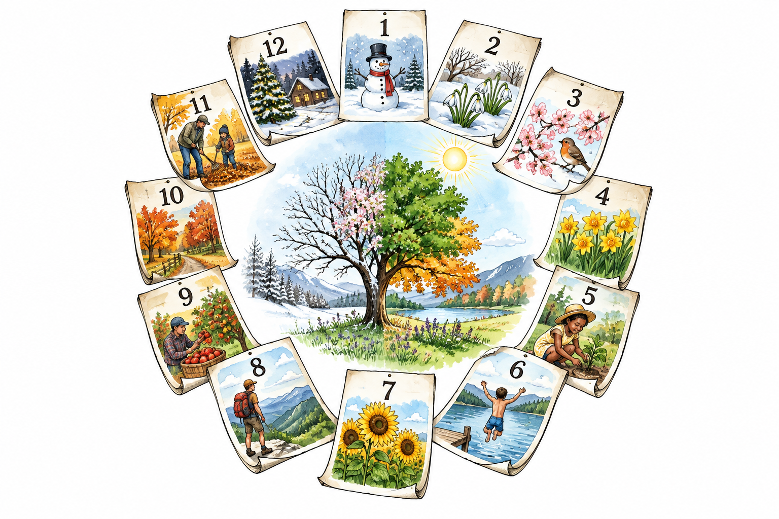 Twelve small calendar leaves arranged in a circle are numbered 1 through 12 exactly once, one full year.