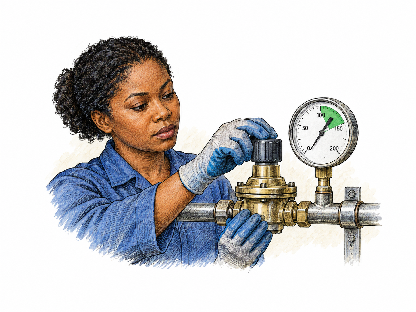 Operator turns a pressure regulator knob on a short pipe assembly while gauge pointer rests in clear green safe band, control to standard visible; functional gauge ticks only.