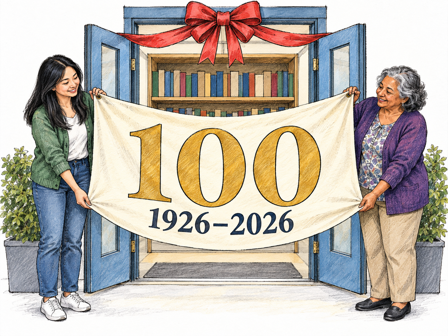 Two women unveil a centenary banner at a public library entrance.