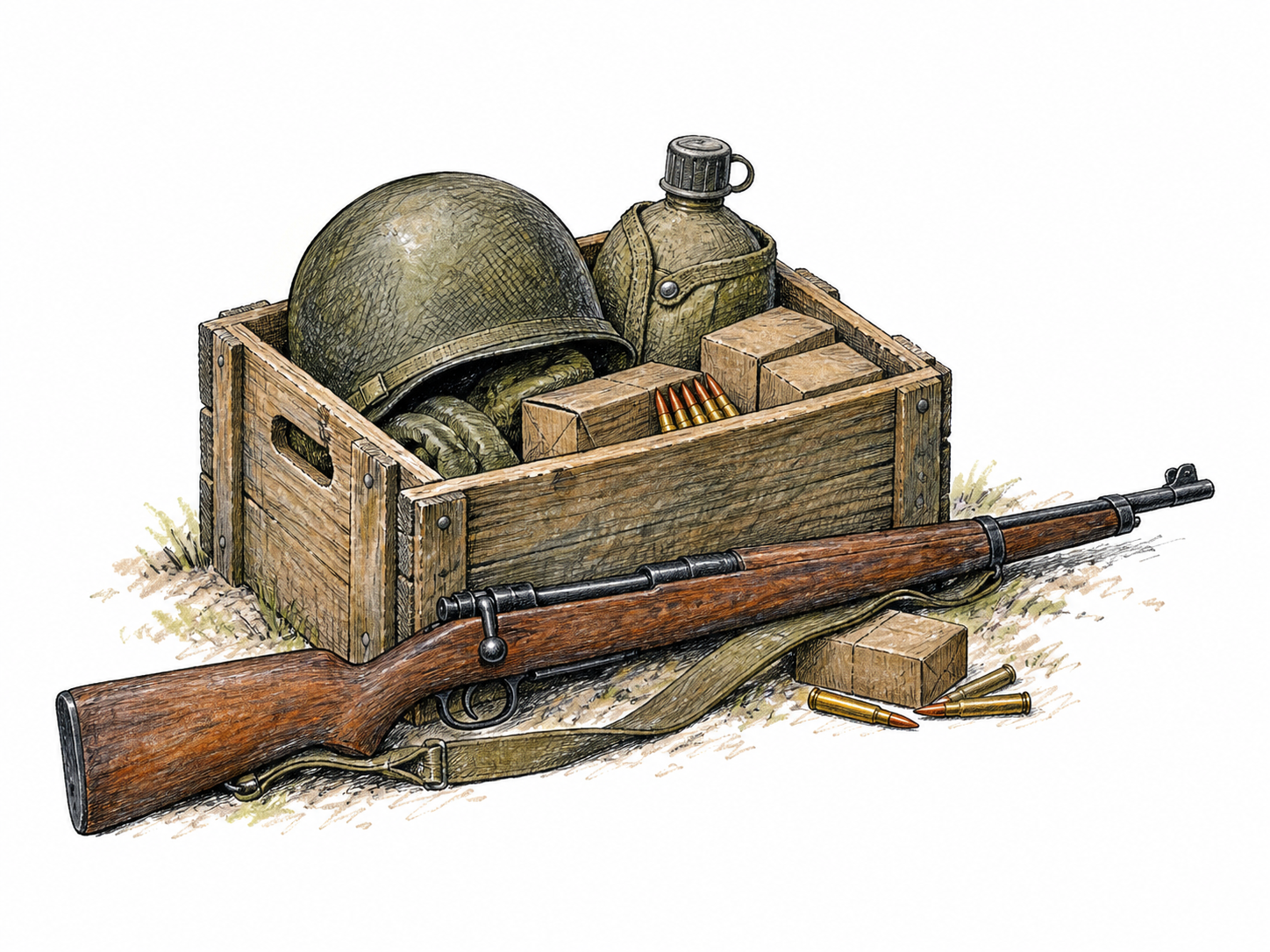 A compact military supply crate contains a plain helmet, field canteen and boxed cartridges, with a simple rifle resting beside it, showing related military equipment and supplies together.