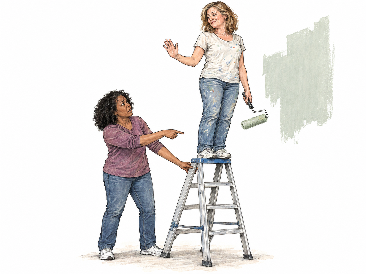 A woman perched unsafely on the top cap of a stepladder casually waves away another woman's visibly urgent concern about her footing.