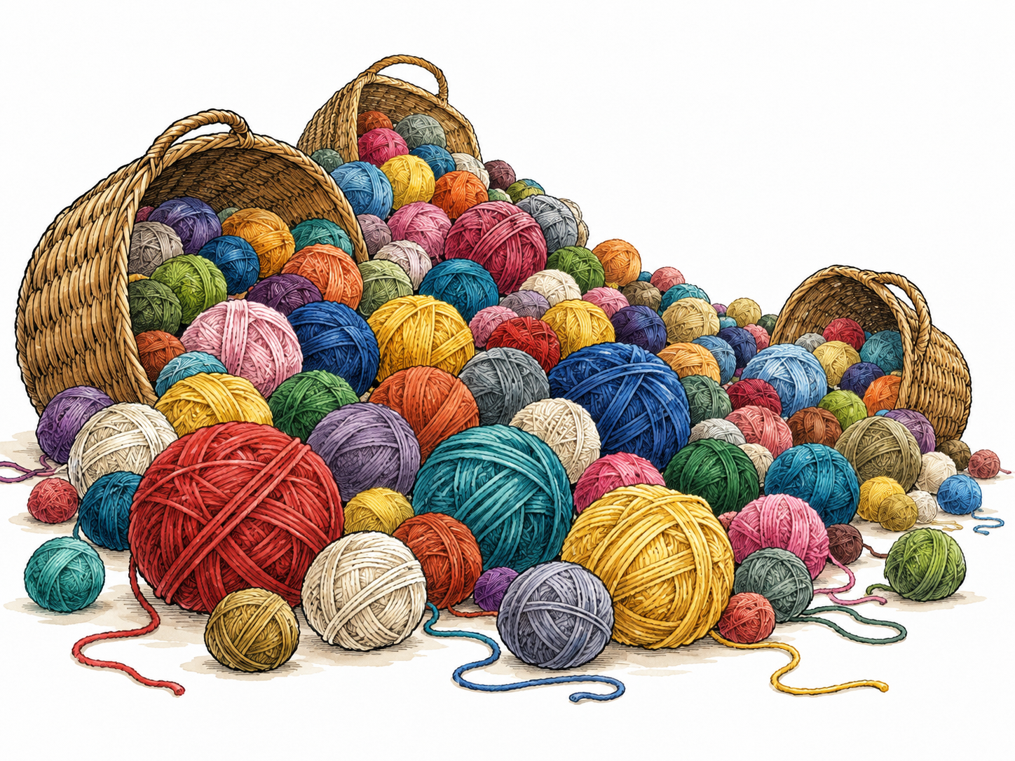 A huge abundance of colorful yarn balls spills from several baskets.