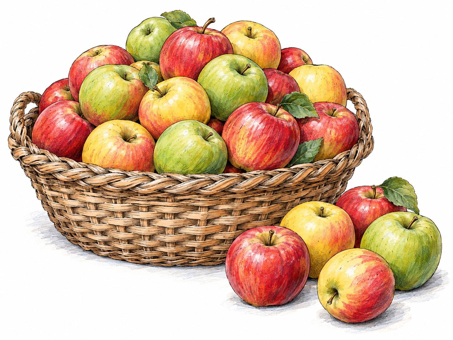 A broad harvest basket filled generously above its rim with apples, with more apples gathered beside it, making a large amount immediately visible.
