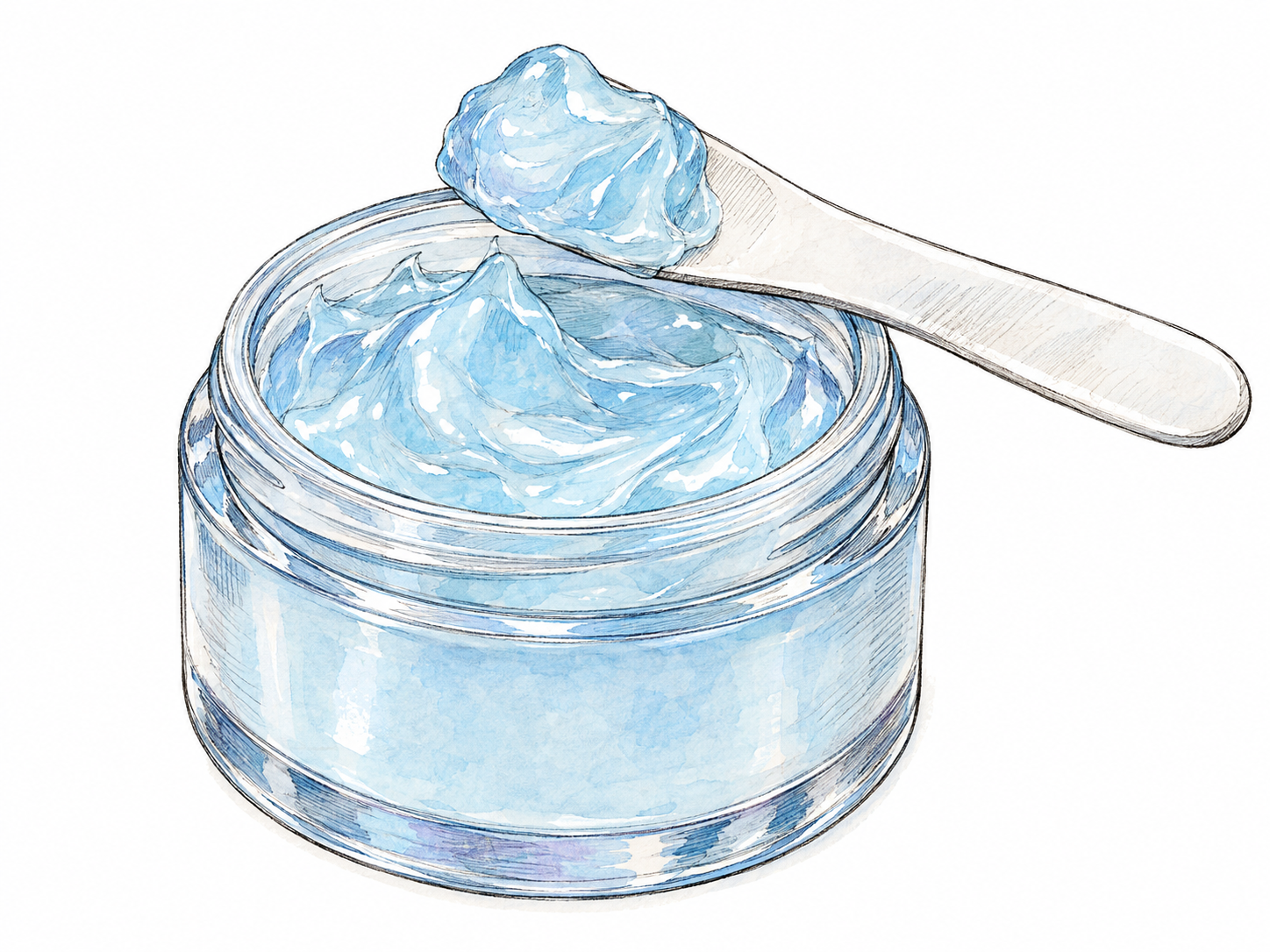 An open cosmetic jar filled with translucent pale-blue gel, with a small spatula resting across its rim and lifting a cohesive jellylike mound that visibly holds soft ridges.