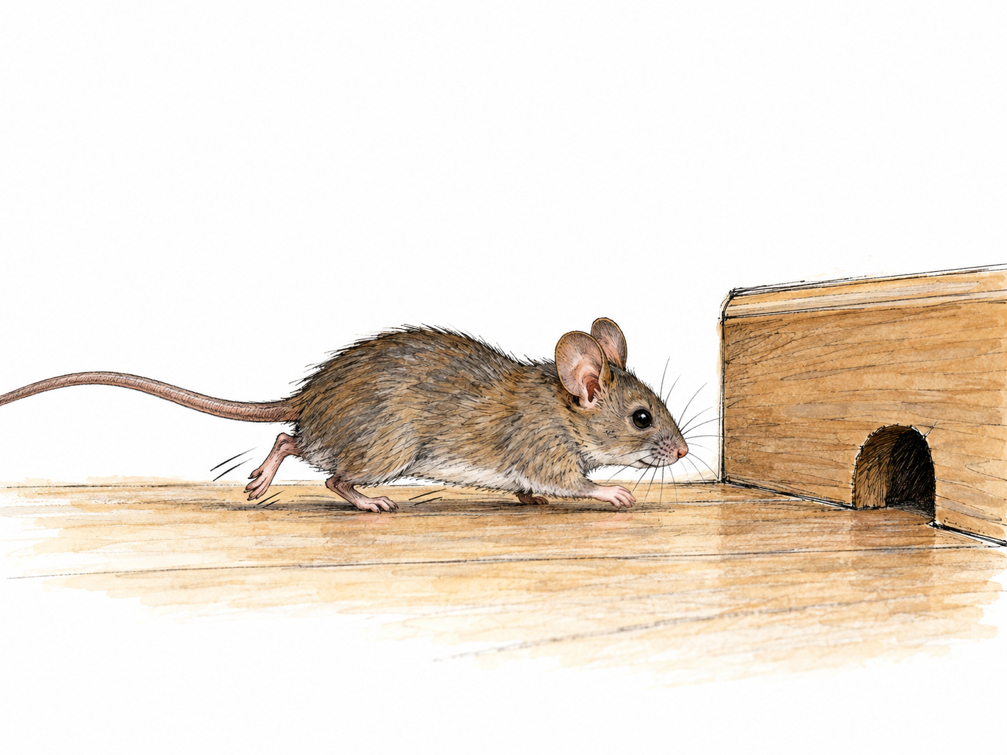 A small mouse scurries toward a nearby hole along the base of a wall, body low and tiny paws taking quick, close-set steps rather than a long bounding leap.