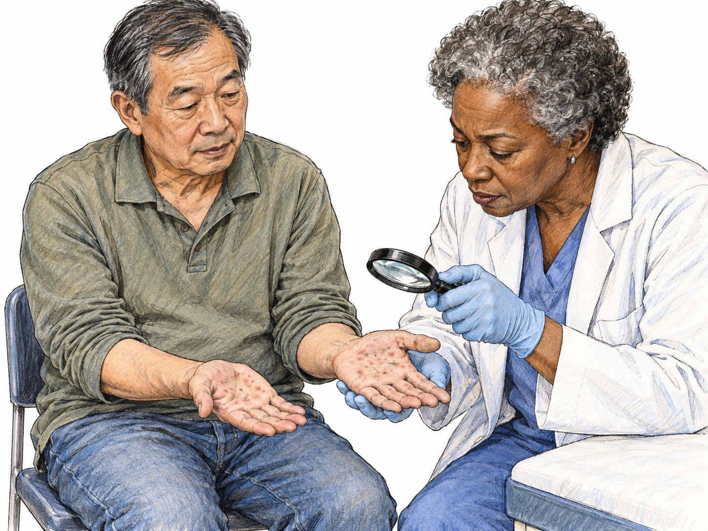 A respectful modern clinical examination: an older East Asian man affected by secondary syphilis presents his open palms, showing a subtle reddish-brown rash, while an older Black woman clinician examines them with a handheld magnifier.
