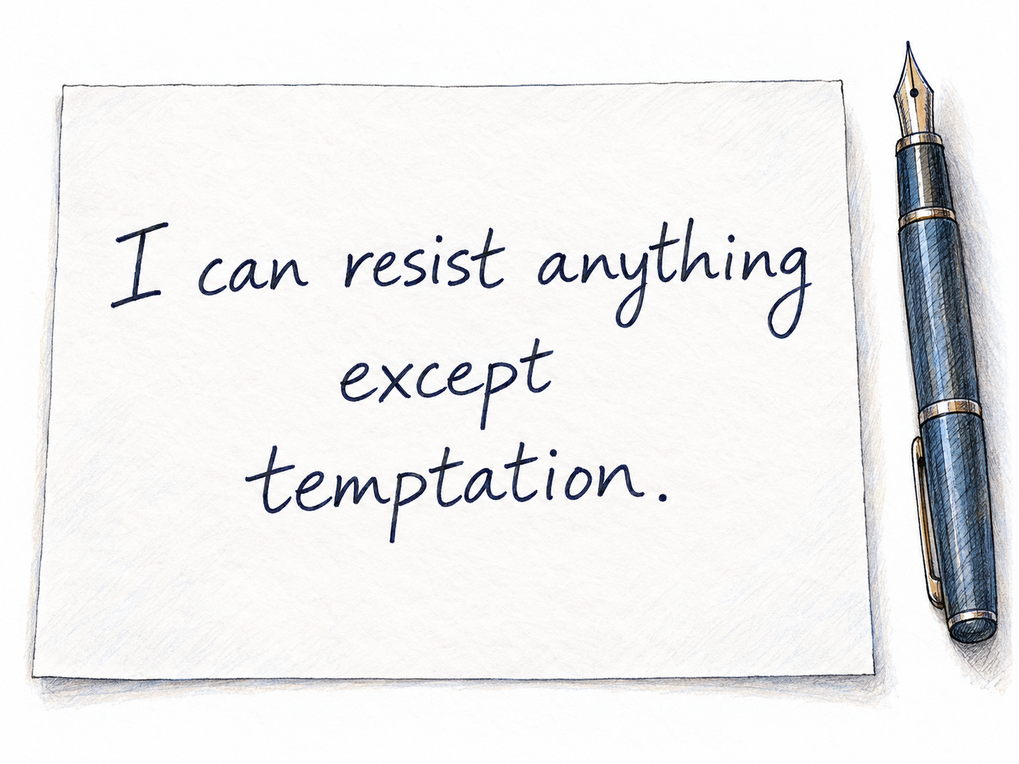 A handwritten literary manuscript containing one complete epigram: “I can resist anything except temptation.” The short statement visibly reverses its confident opening with a witty ending.