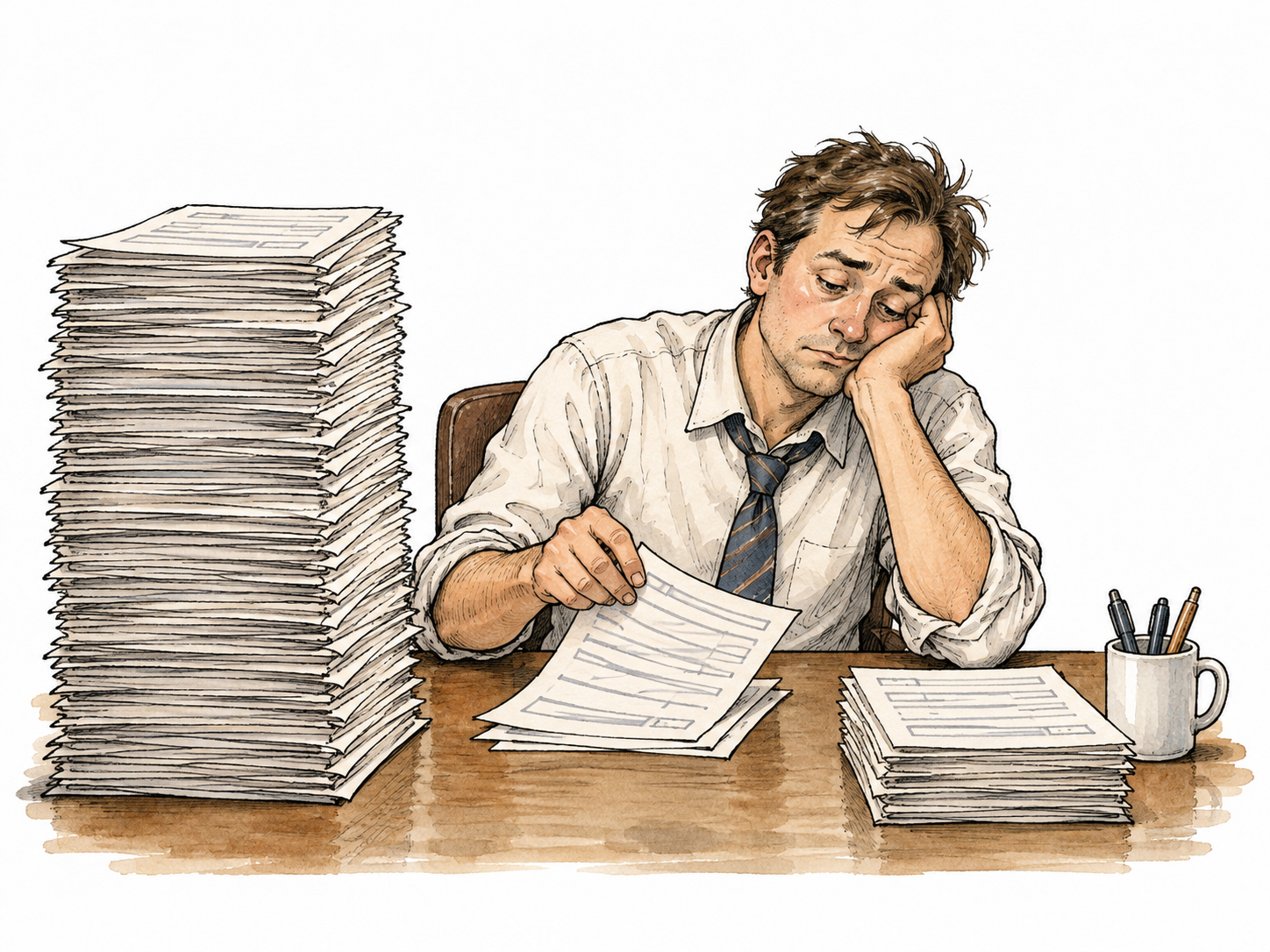 A white clerk tiredly sorts a towering pile of identical forms, slow repetitive task.