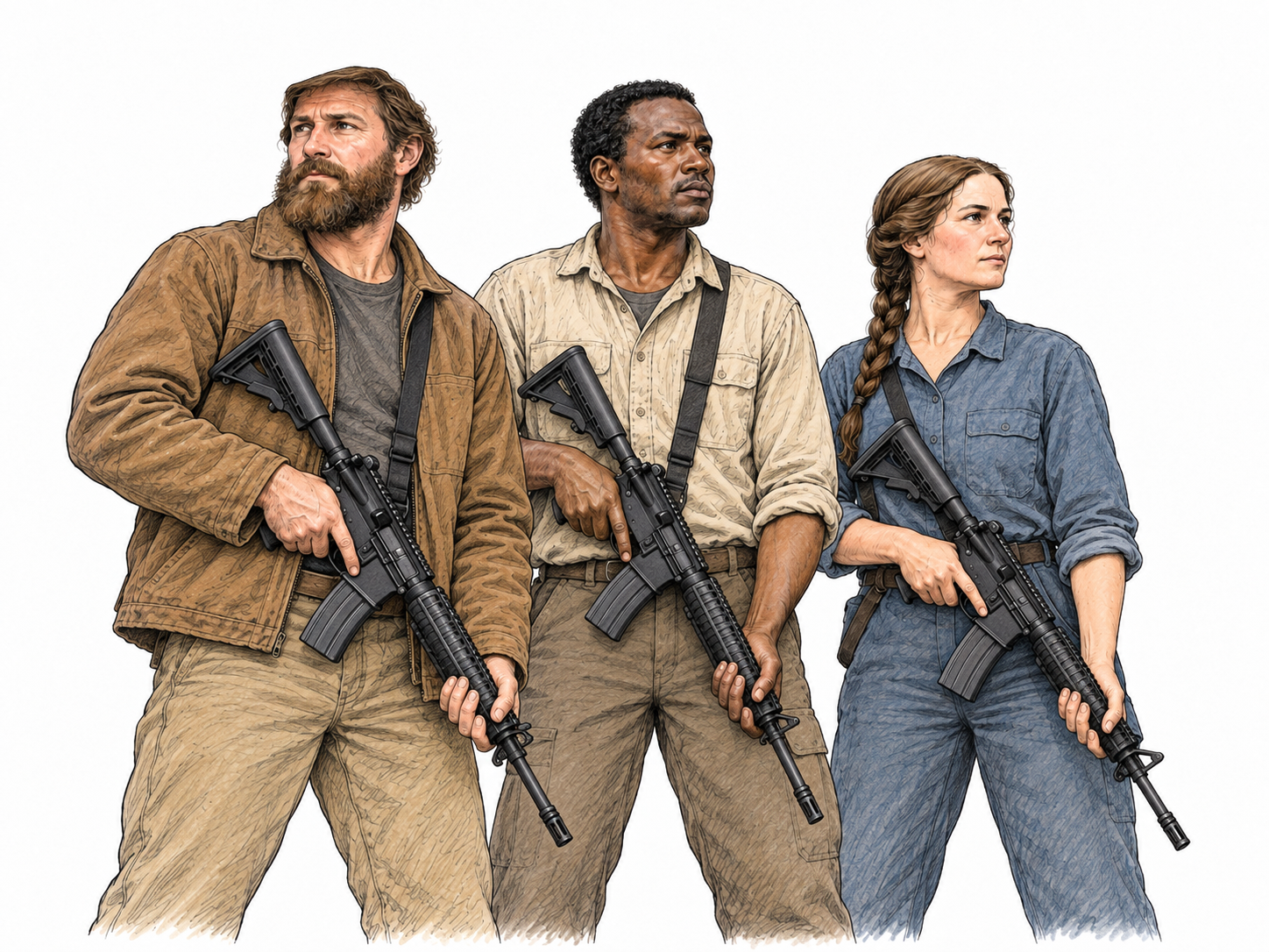 Contemporary civilian local defense volunteers in ordinary workwear with safely lowered unmarked rifles.