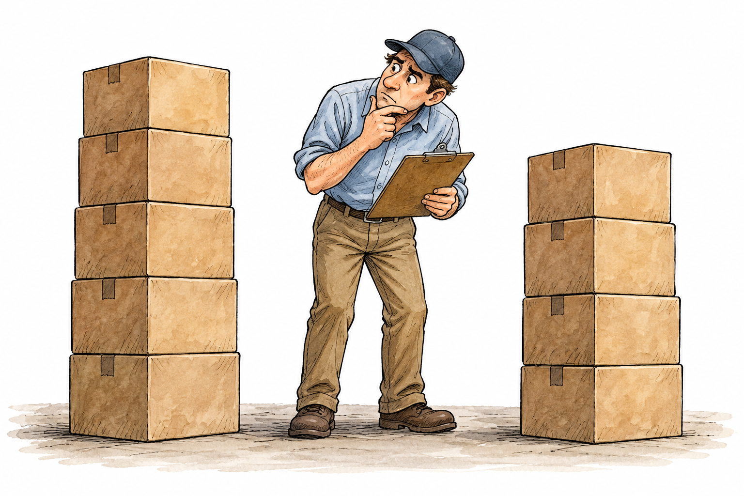 Two stacks of matching boxes should contain same number but one clearly has five and other four; inspector compares puzzled, no writing.