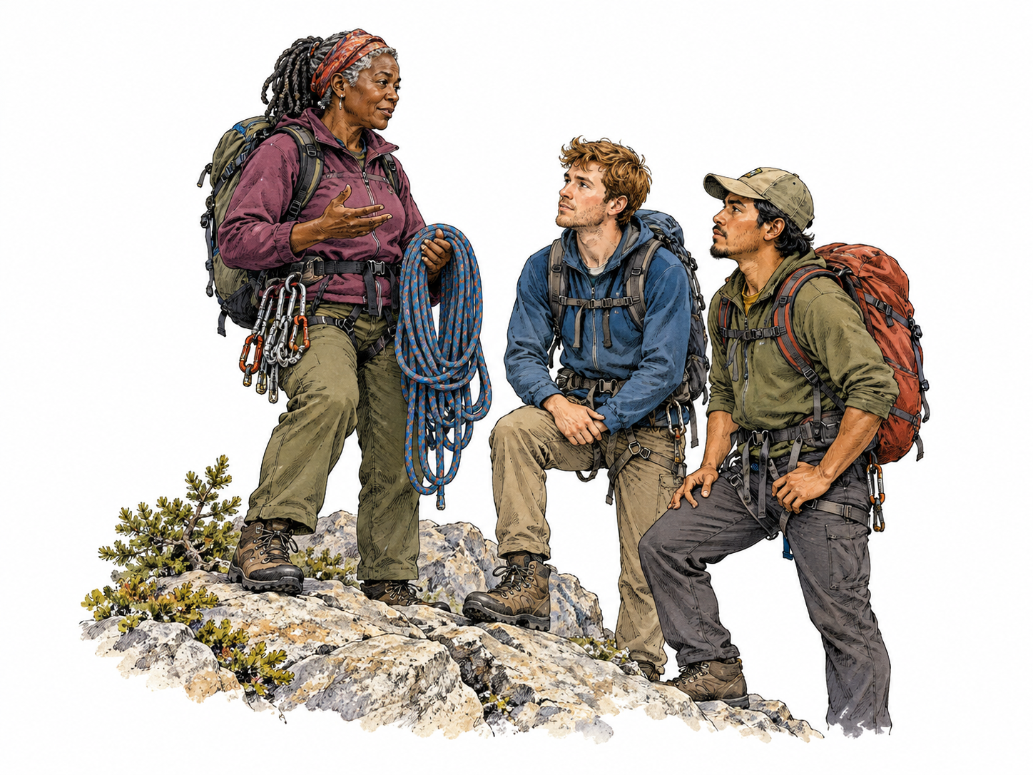 Experienced mountain guide stands steady with coiled rope and confident posture while two younger hikers watch with respect, skill and formidable competence clear.