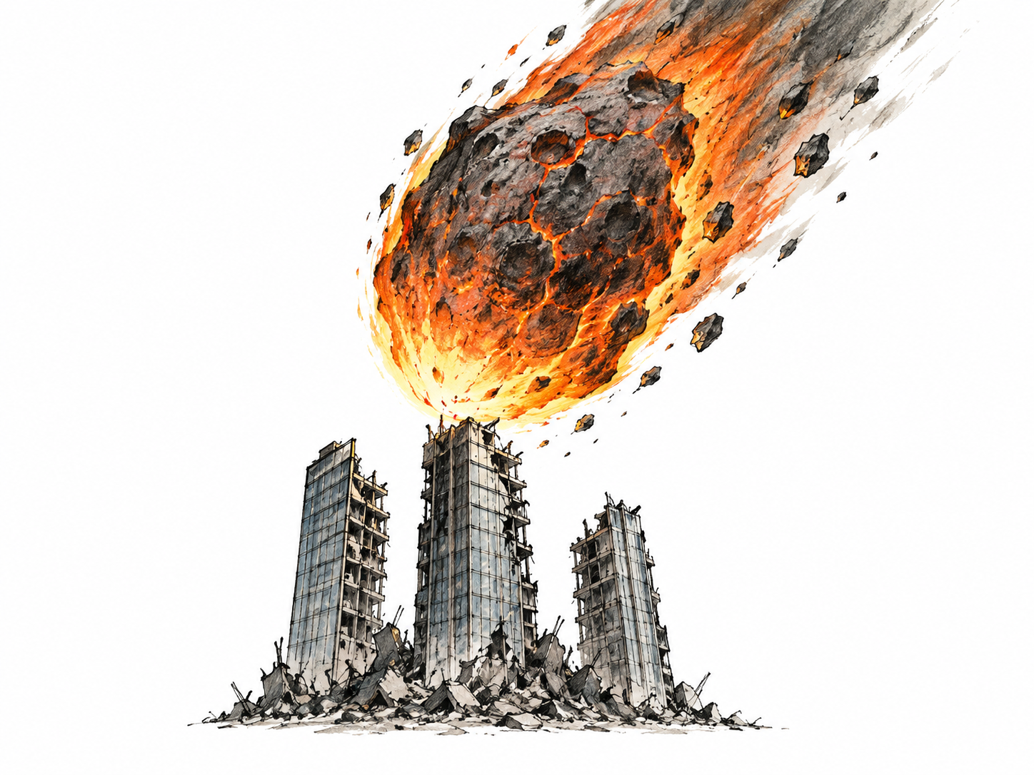 An ominous enormous fiery meteor descending toward a small cluster of fractured modern towers, apocalyptic impending catastrophic destruction.