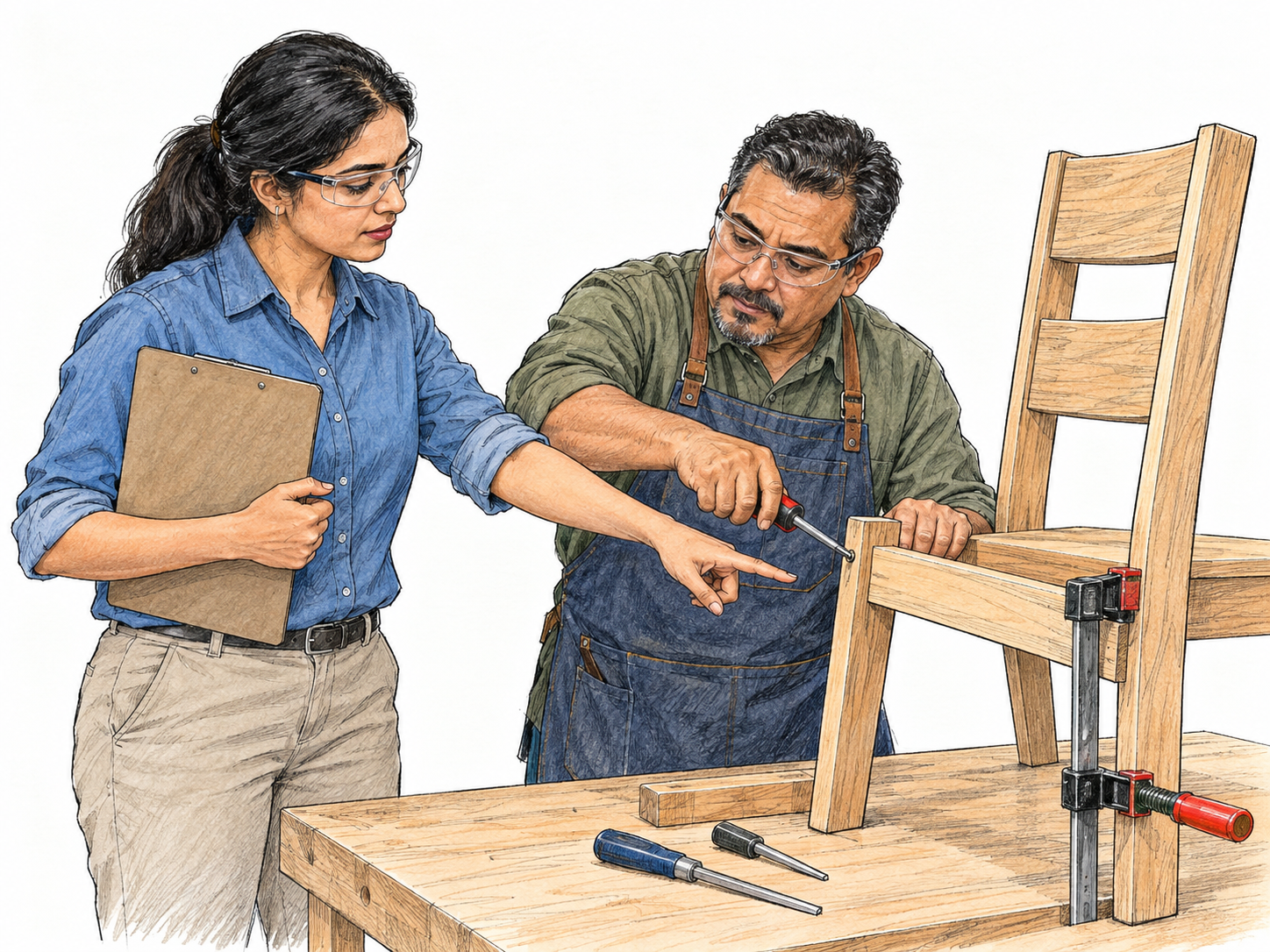 A workshop supervisor stands beside an active assembly bench, inspecting the work and directing attention to a joint while the worker continues assembling it.