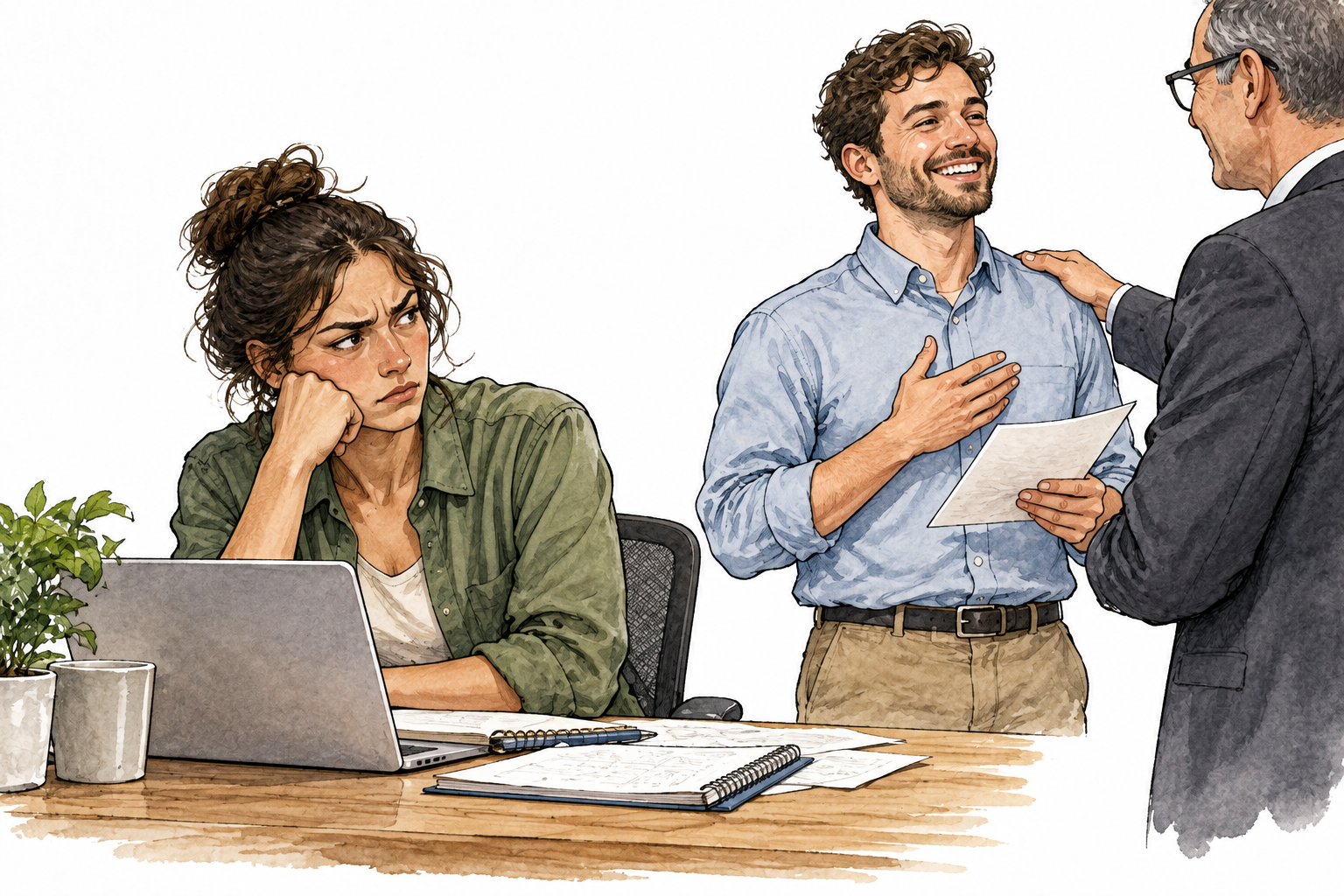 A worker looks resentful after another person receives credit for the work they completed, no race-based stereotype.