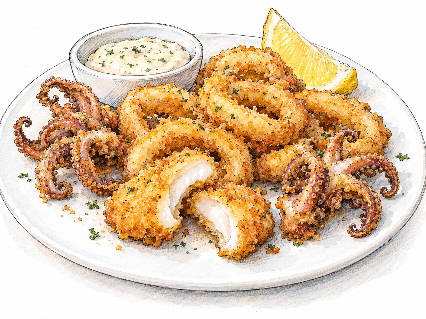 A plate of fried calamari, with cut squid rings and recognizable curled tentacle clusters, accompanied by a lemon wedge and a small dipping bowl.