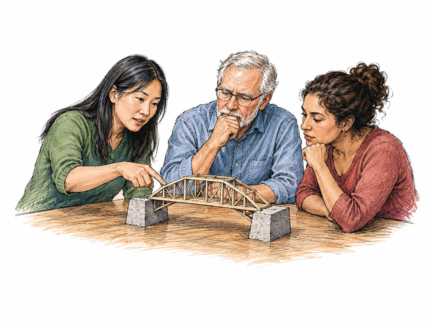 Three people focus discussion on one small model bridge placed at center of their table, shared subject/topic visually central; no speech bubbles or written notes.