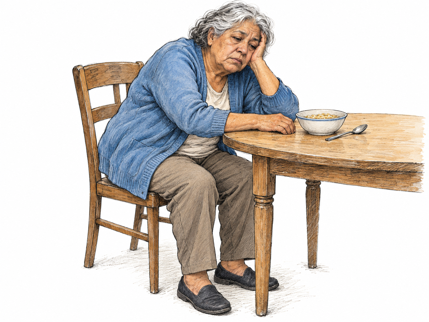An older woman sits heavily slumped at a small breakfast table, barely supporting her drooping head, with half-open eyes and a limp arm beside an untouched meal.