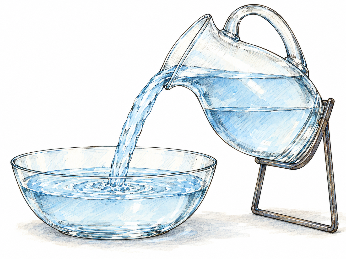 A clear pitcher tipped over a transparent bowl pours a continuous stream of pale blue water, visibly demonstrating a substance that flows and takes the shape of its container.