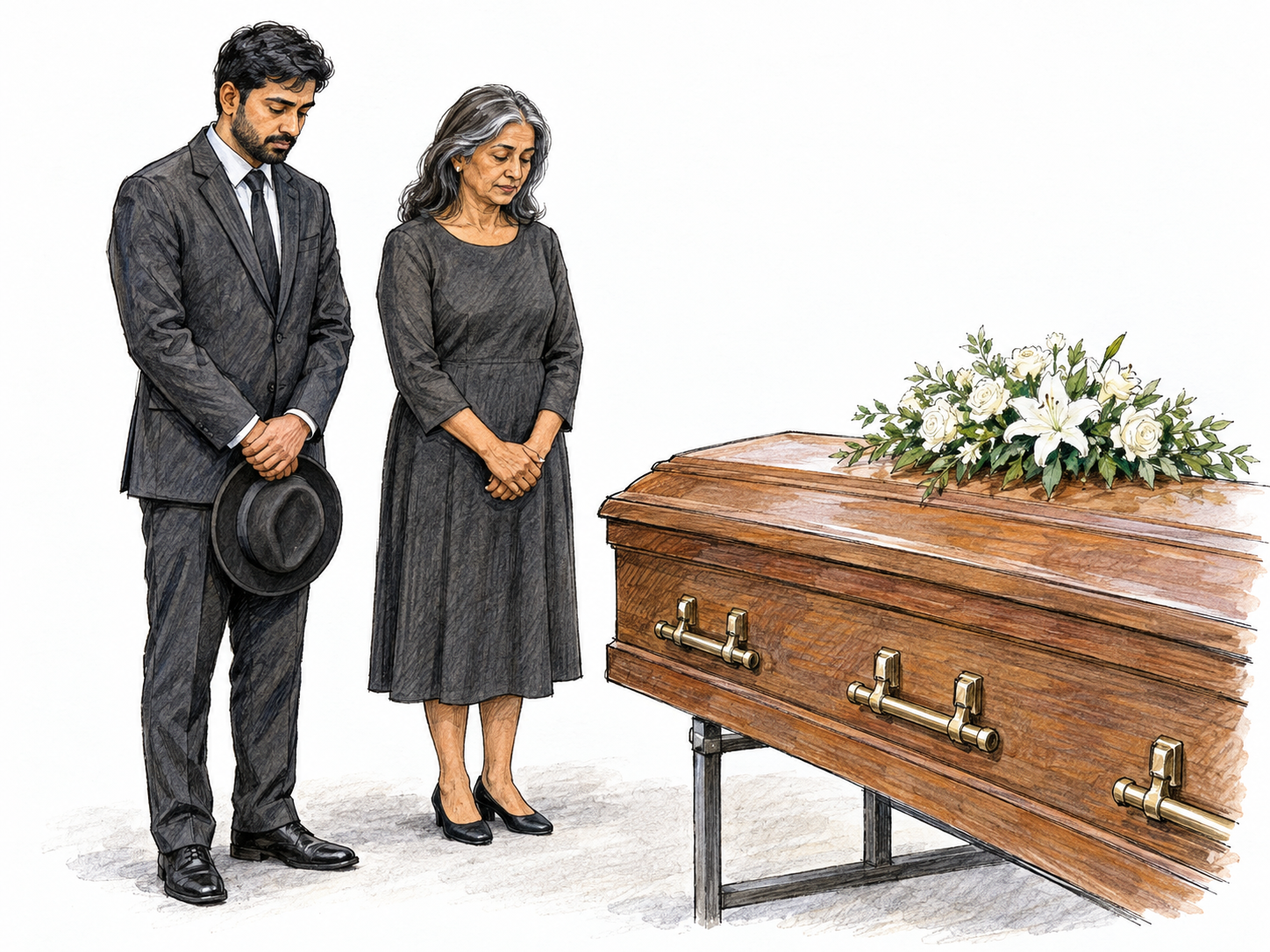 At a funeral, two formally dressed mourners stand quietly beside a flower-topped coffin.