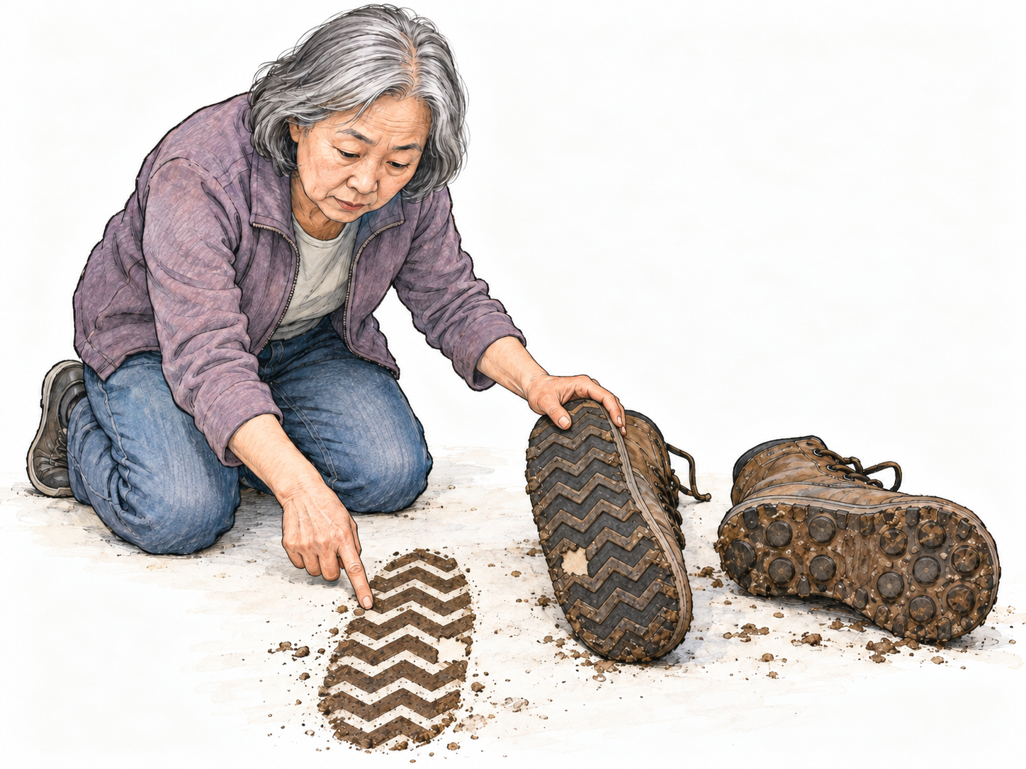 A woman draws a conclusion from physical evidence by comparing a muddy boot print with two different boot soles and selecting the one whose distinctive tread matches.