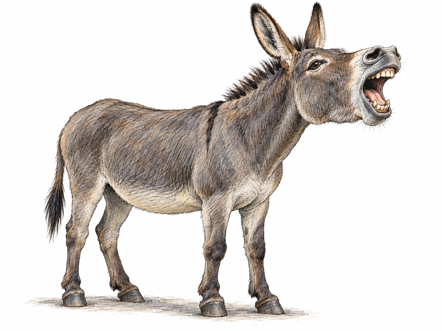 A donkey caught mid-bray, with its neck extended, muzzle lifted, mouth wide open and long ears upright.
