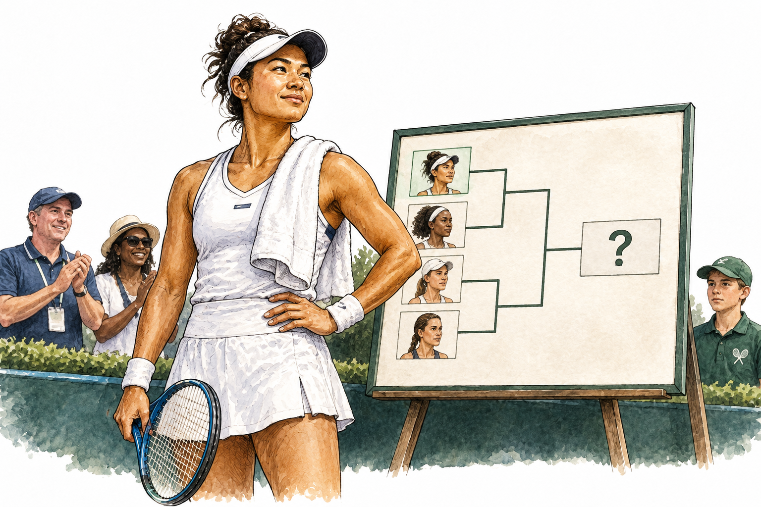 A likely tournament winner stands beside a provisional bracket while the final match remains pending.