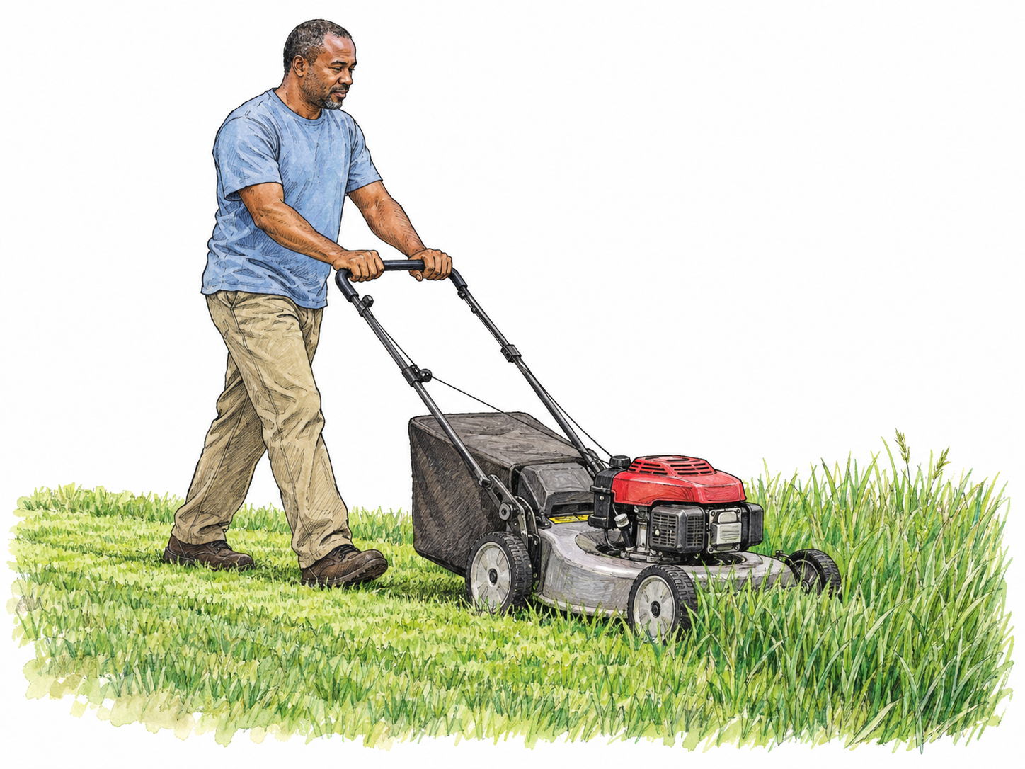 A man pushes a lawn mower through a small patch of tall grass, leaving a clearly shorter, freshly cut strip behind it.