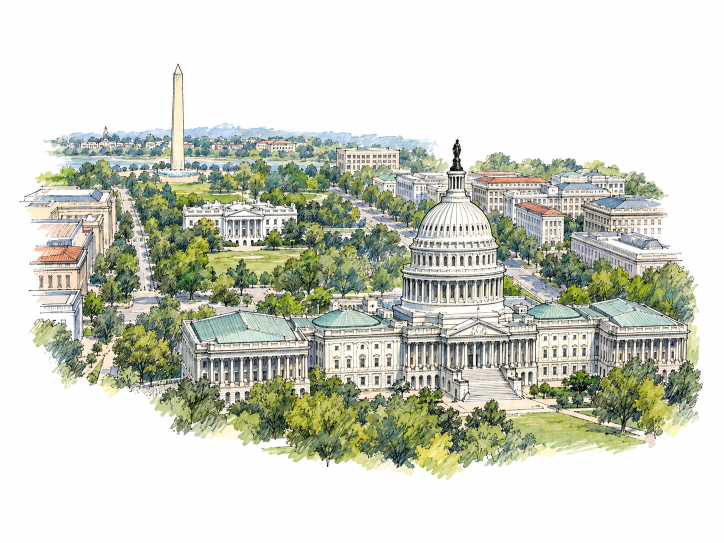 A compact elevated city vignette of Washington, D.C., showing the U.S.