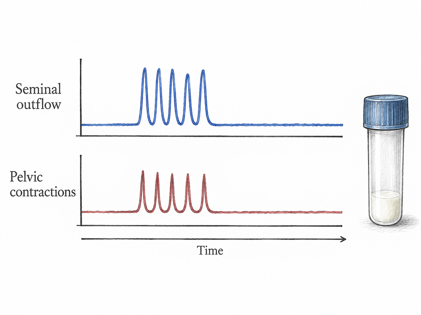 A clinical recording of seminal discharge pulses aligned with pelvic contractions.