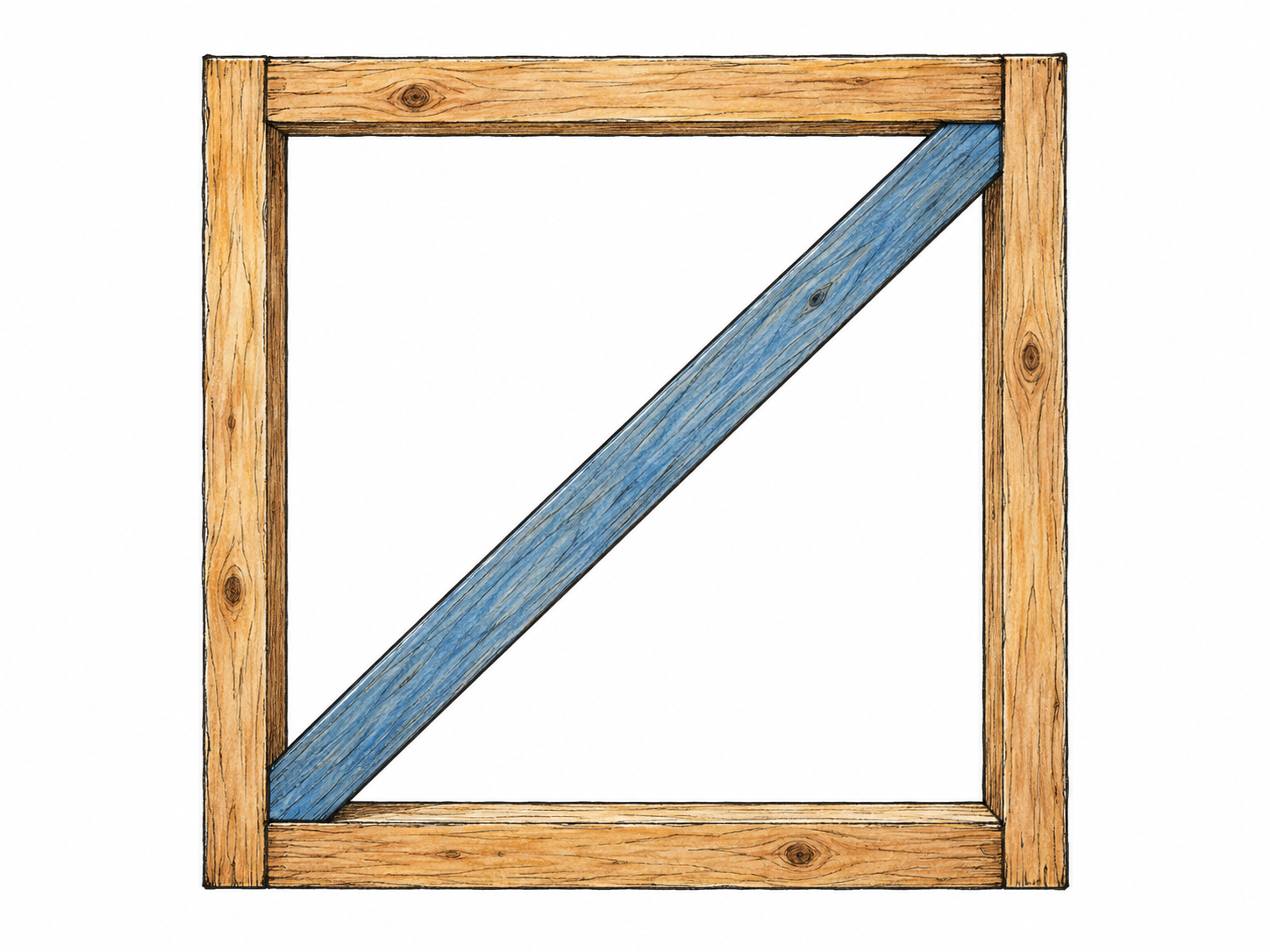 A front-facing square wooden frame with a single contrasting brace running from its bottom-left corner to its top-right corner, making the corner-to-corner slant immediately visible.
