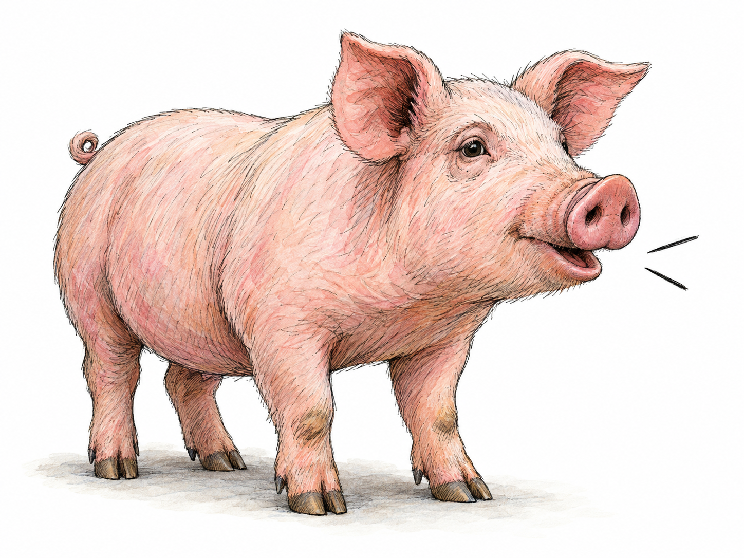 A relaxed pig audibly grunting, with a slightly open mouth and a few small, uncontained sound strokes beside its snout, represents the familiar pig sound rather than merely identifying the animal.