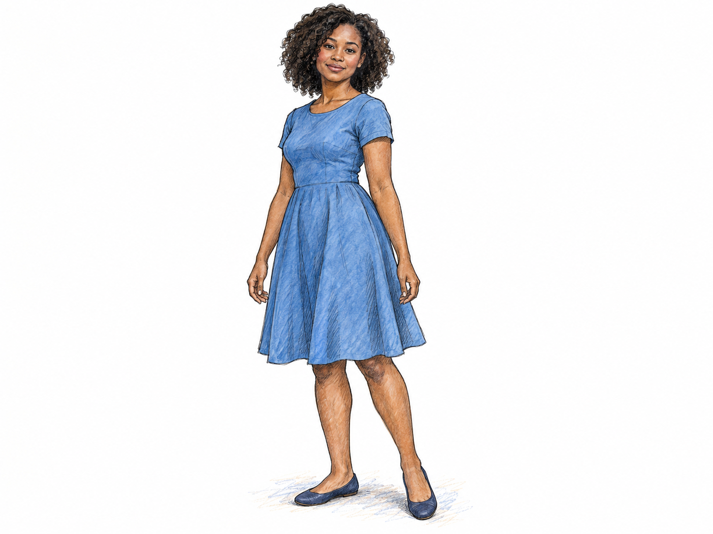 A young adult woman wearing a simple knee-length dress, with its fitted bodice and gently flared skirt clearly visible.