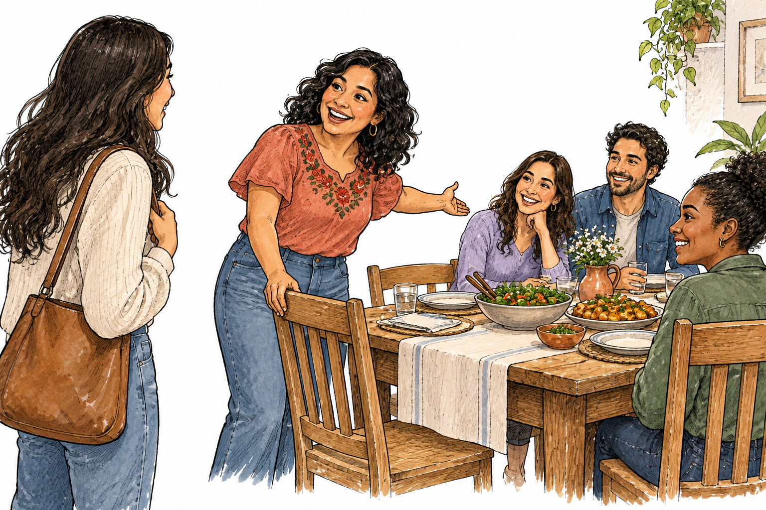 Latina host gestures warmly for a friend to join friends at a dinner table.
