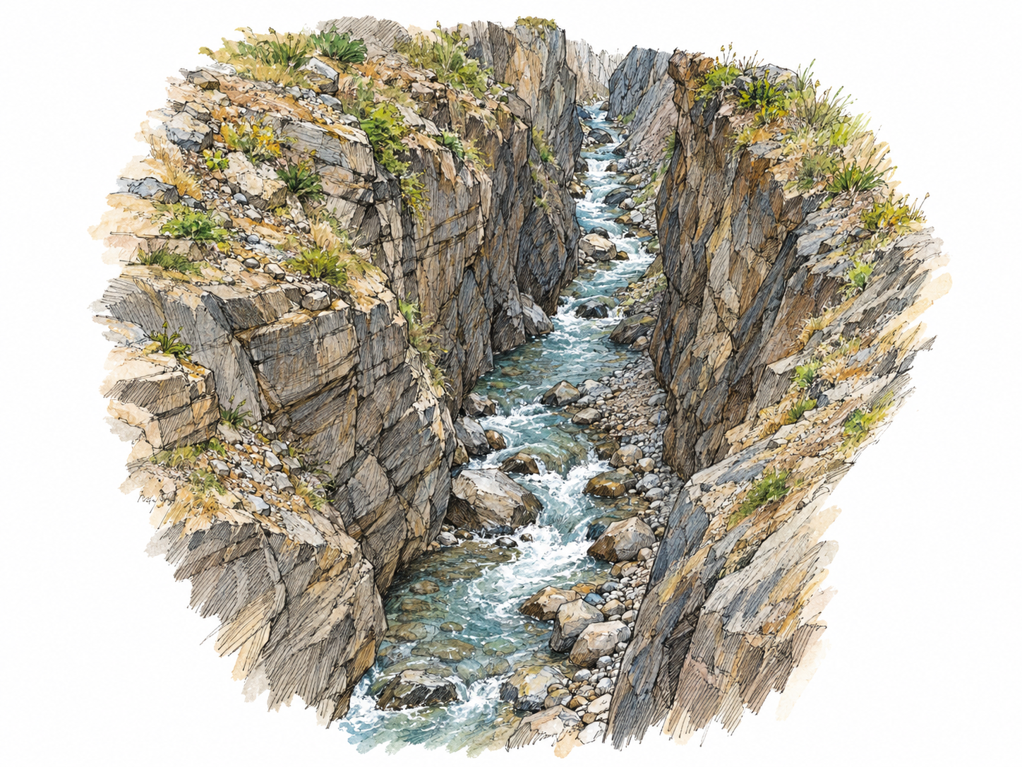 A narrow ravine with steep, eroded sides and a small running stream cutting along its rocky bottom, viewed obliquely from above so its depth and confined channel are immediately visible.