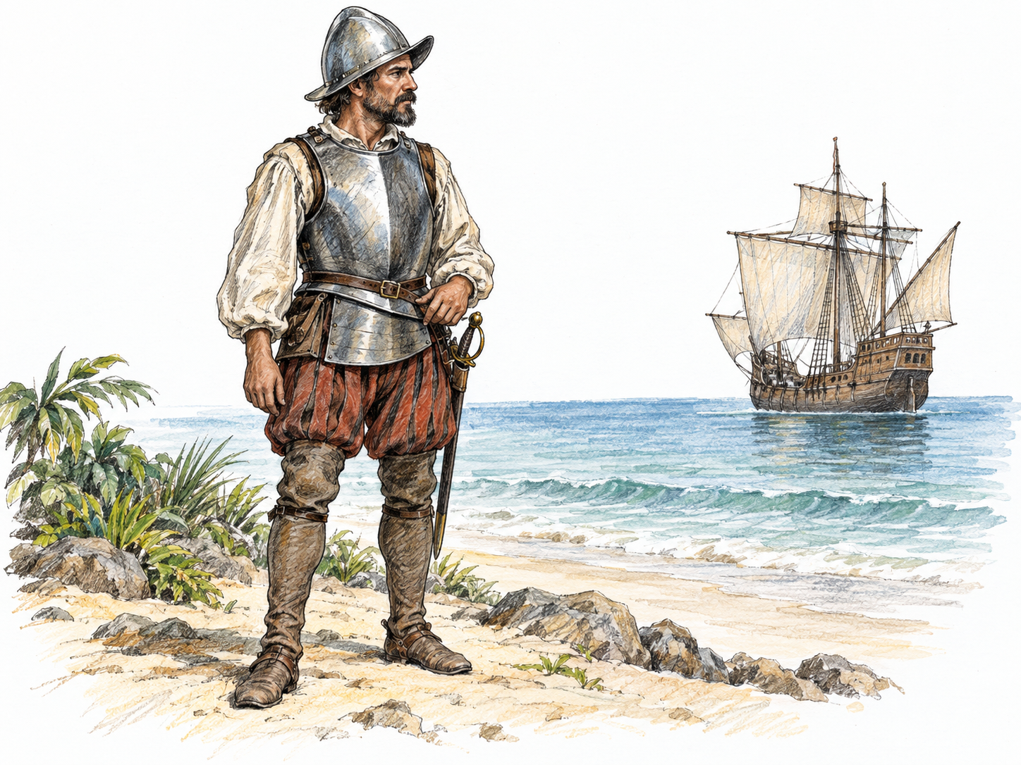 A sixteenth-century Spanish conquistador on a sparse coastal landing in the Americas, wearing practical campaign clothing and partial armor, with a sheathed sword and a small ocean-going sailing ship offshore.