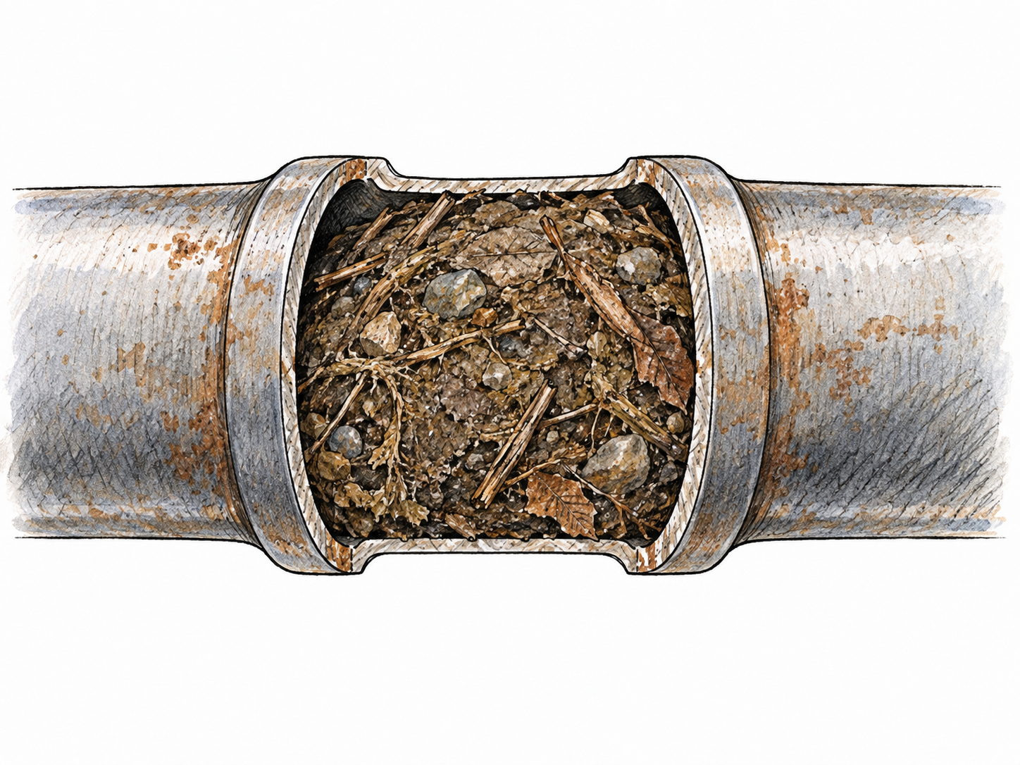 A pipe opening is completely blocked by a compact plug, cross-section exposes obstruction without labels or arrows.