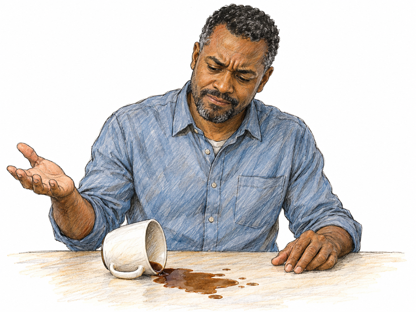 A man pauses over a small spill from his tipped coffee mug, showing mild annoyance with a restrained grimace and one palm turned upward.