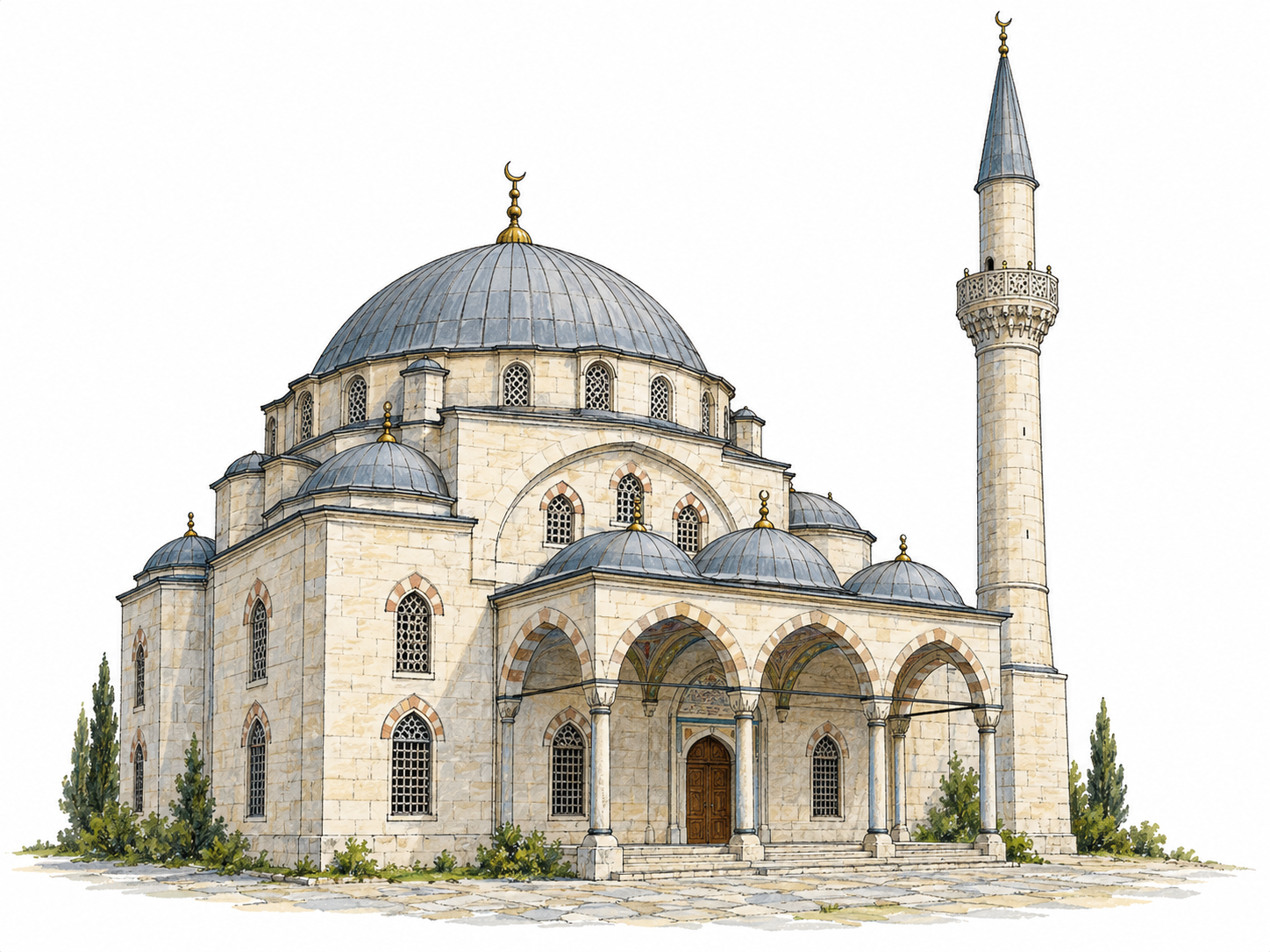 An isolated mosque exterior with a broad central dome, a slender minaret with a balcony, and an arched entrance, immediately recognizable as a Muslim place of worship.