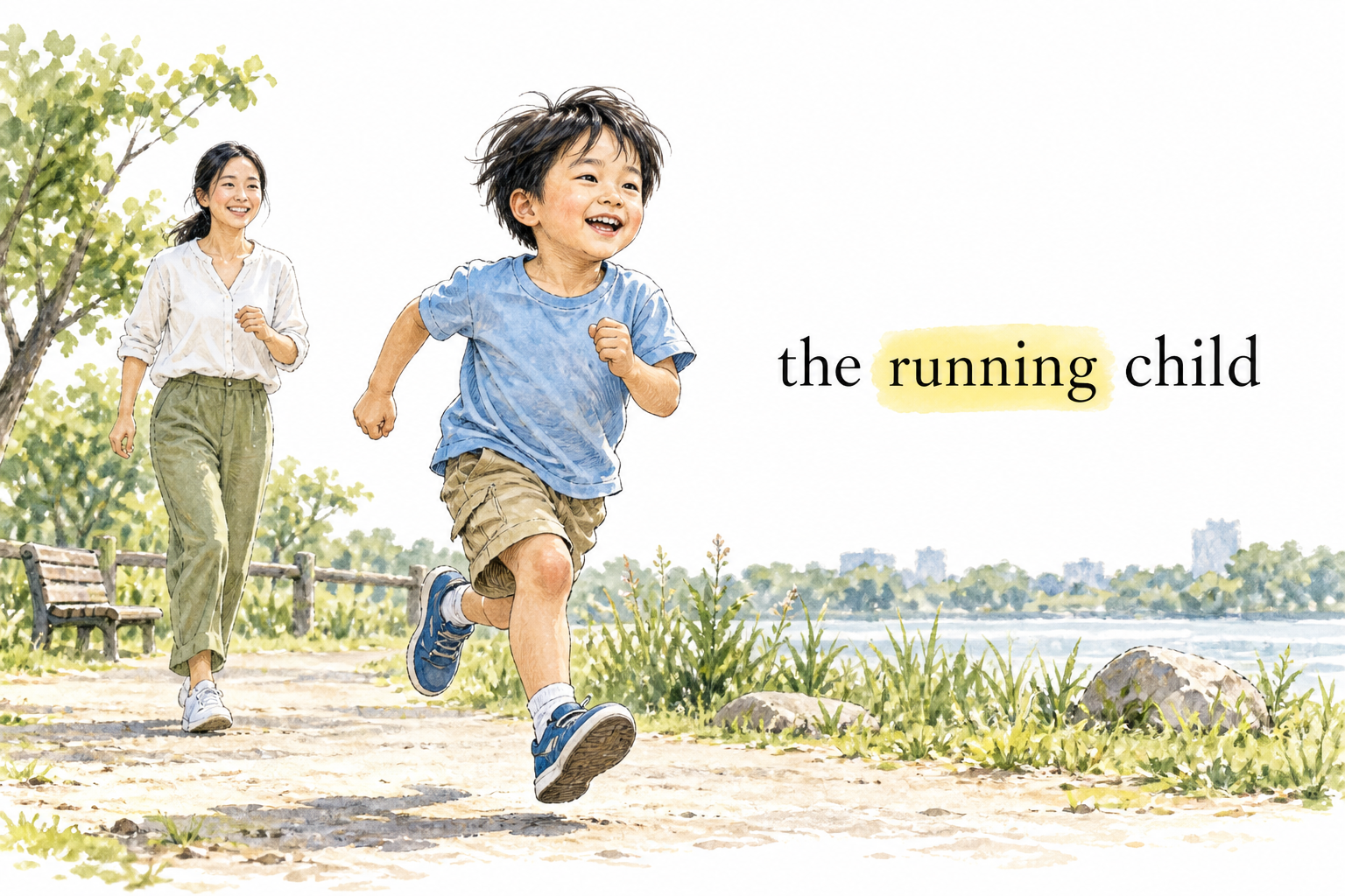 Minimal grammar illustration: a running child beside exact words 'the running child', only 'running' softly highlighted.