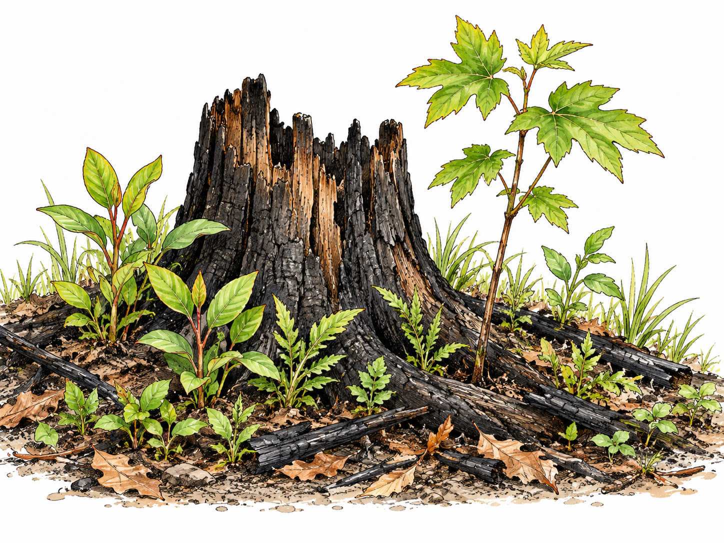 Fresh green shoots and young saplings rise around a charred woodland stump, showing an ecosystem renewing after fire.