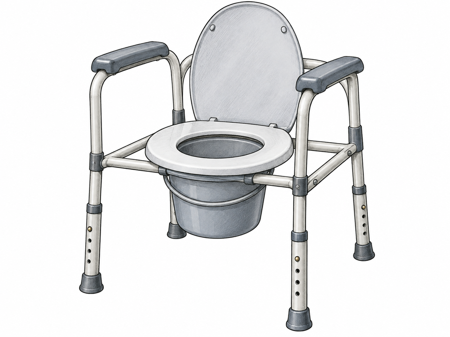 An unoccupied modern bedside commode chair with armrests, toilet seat and removable pail is isolated on white; clear practical object, no patient.