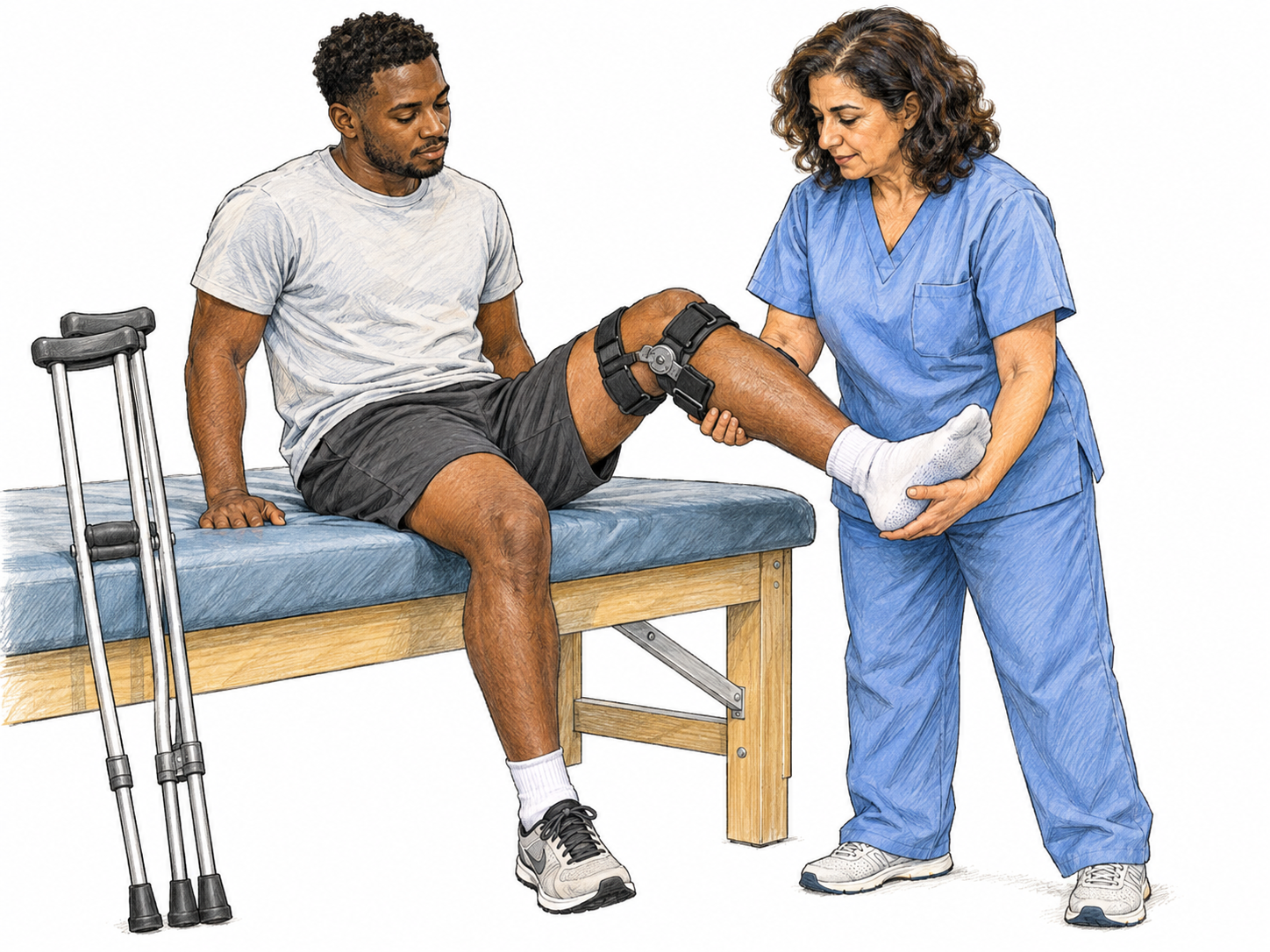 A physical therapist guides a patient's supported knee-bending exercise on a treatment plinth.
