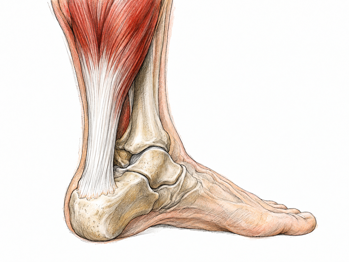 An isolated anatomical cutaway of the calf and heel clearly shows the thick, pale Achilles tendon continuing from red calf muscle to its attachment on the heel bone.