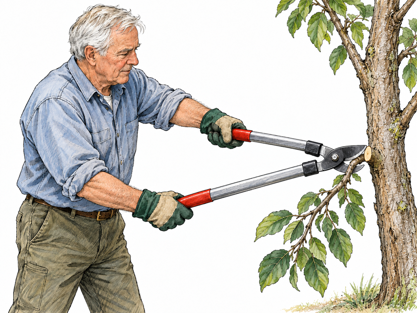 An older gardener uses long-handled loppers to cut a small lateral branch from a tree, with the fresh cut and separating leafy branch clearly visible.