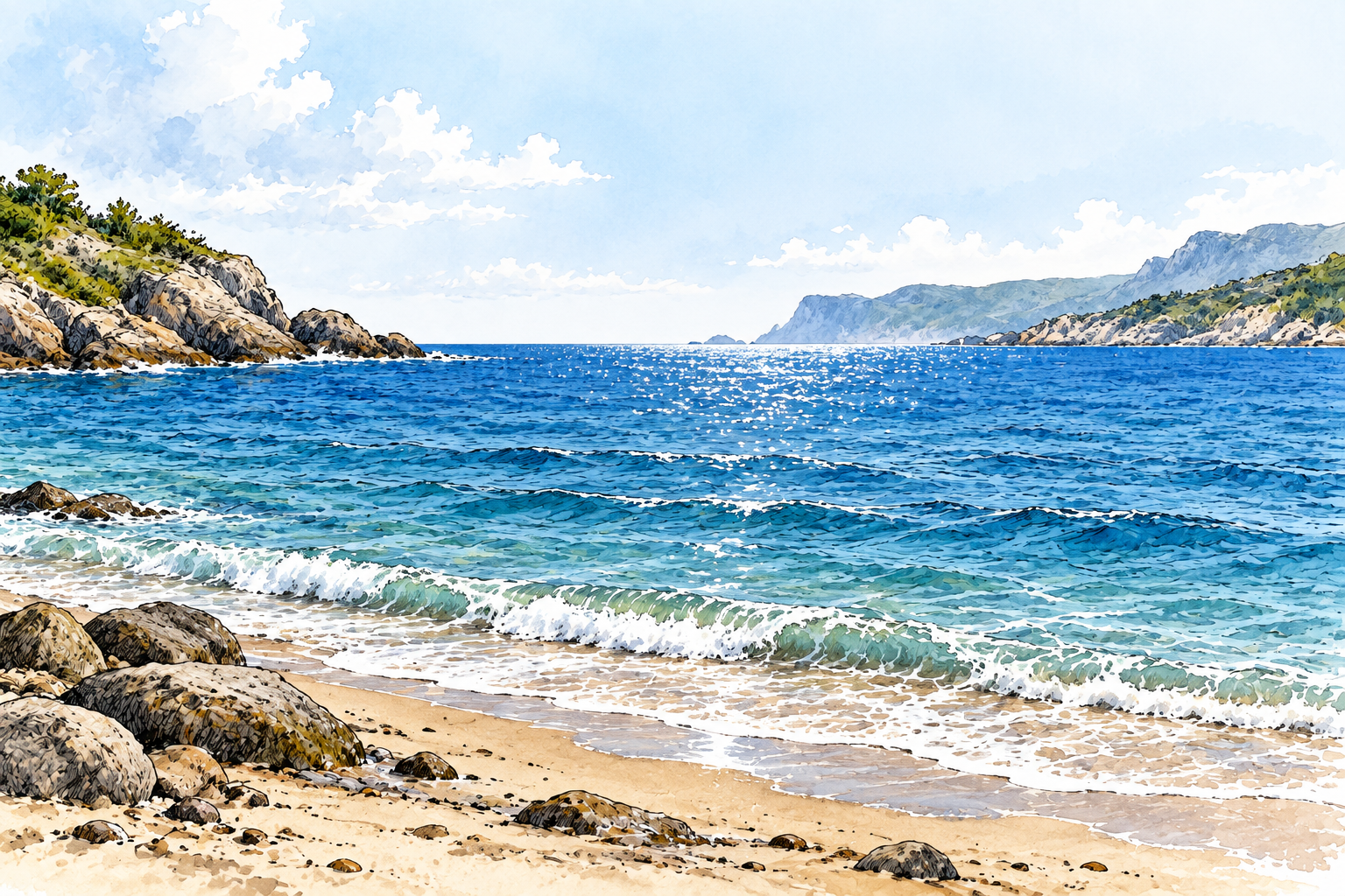 Wide blue saltwater sea between distant rocky coastlines, gentle waves and shoreline foreground, no text.