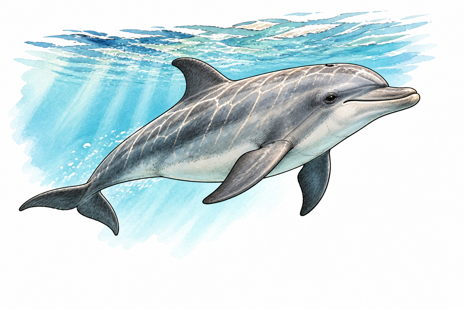 A natural bottlenose dolphin swims just below clear seawater, streamlined body with correct fins and horizontal tail flukes.