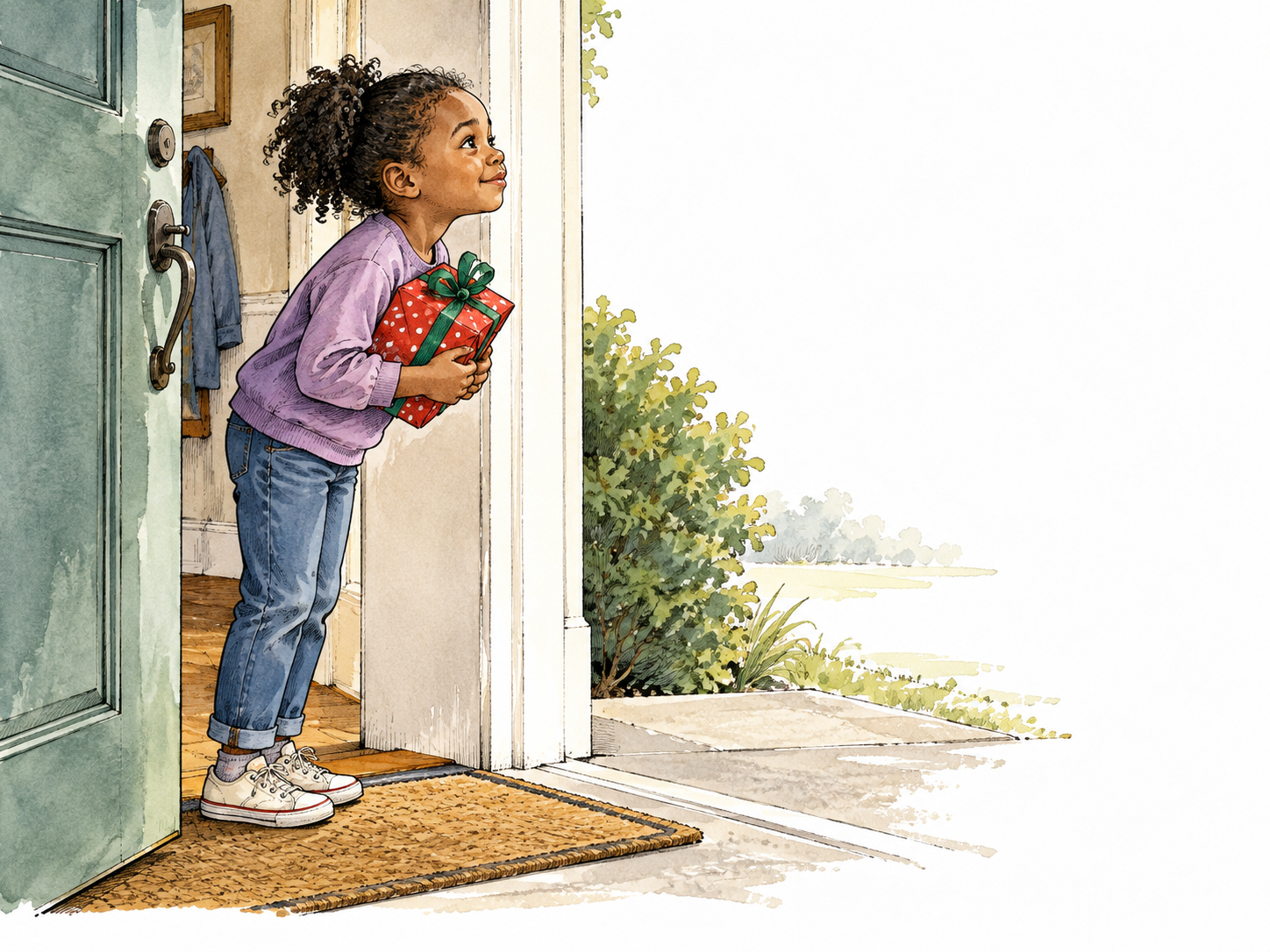 A Black child waits eagerly at an open doorway holding a wrapped gift.
