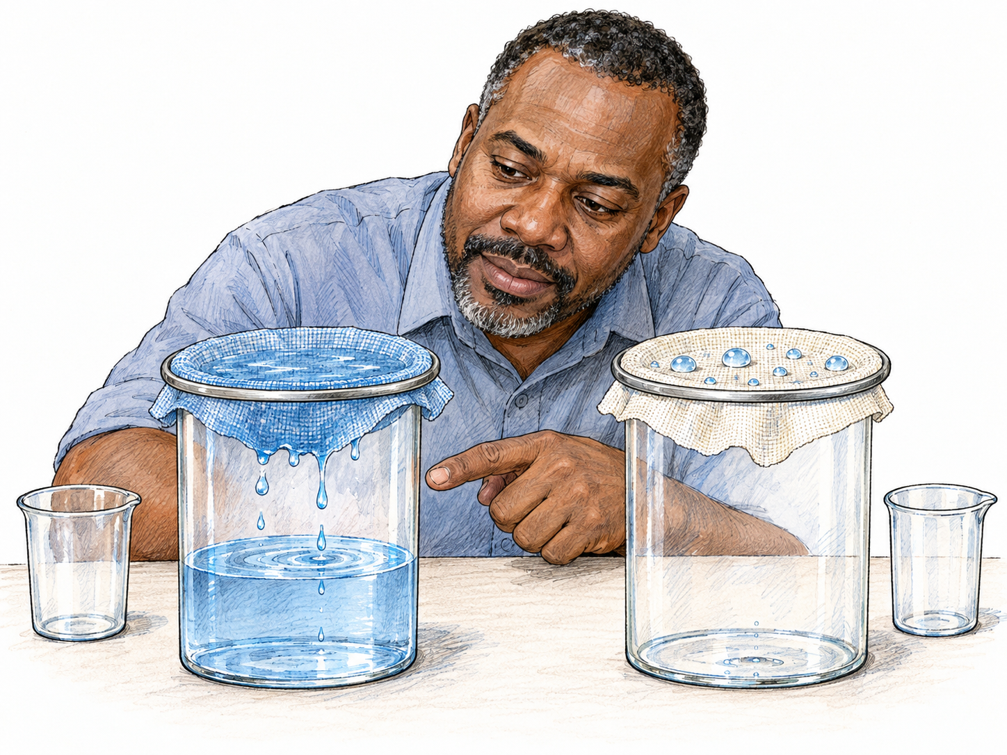 A man directly tests two fabric samples for water resistance, comparing the water that passes through each under matching conditions.